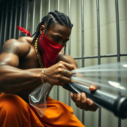 A close-up of a muscular African American gang member in a prison cell