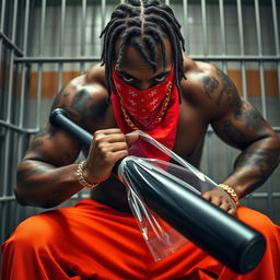 A close-up of a muscular African American gang member in a prison cell