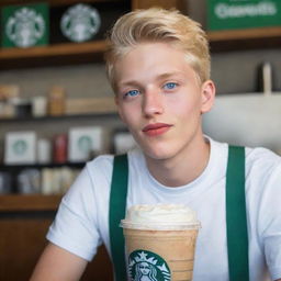 Hyper-realistic image of an 18-year-old boy with Chilean and Spanish heritage, blonde, with blue eyes, 1.80m tall, red lips, drinking lemonade in a Starbucks.