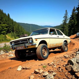 Opel Kadett modified for off-road driving, conquering a challenging terrain filled with rocky paths and mud