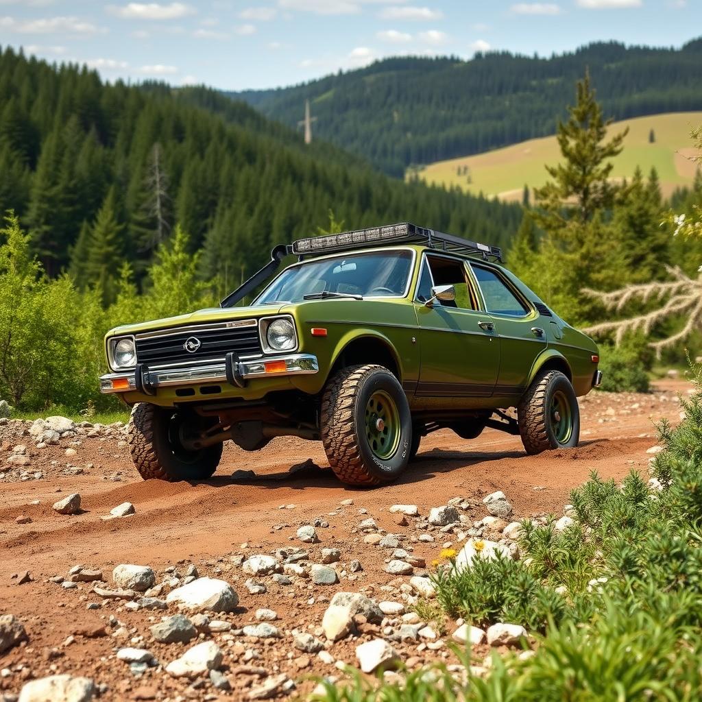 Opel Kadett modified for off-road driving, conquering a challenging terrain filled with rocky paths and mud