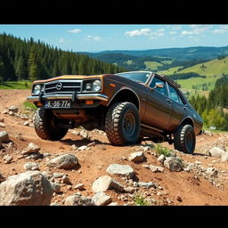 Opel Kadett modified for off-road driving, conquering a challenging terrain filled with rocky paths and mud