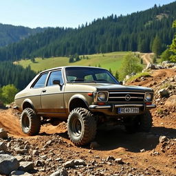 Opel Kadett modified for off-road driving, conquering a challenging terrain filled with rocky paths and mud