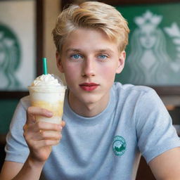 Hyper-realistic image of an 18-year-old boy with Chilean and Spanish heritage, blonde, with blue eyes, 1.80m tall, red lips, drinking lemonade in a Starbucks.