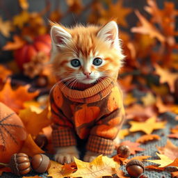 An adorable orange kitten named Pumpkin with bright copper fur, wearing cozy orange and brown plaid flannel pajamas adorned with smiling pumpkins and falling leaves