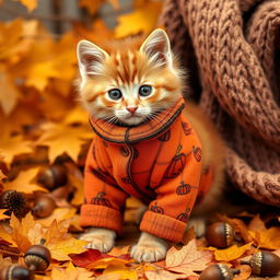 An adorable orange kitten named Pumpkin with bright copper fur, wearing cozy orange and brown plaid flannel pajamas adorned with smiling pumpkins and falling leaves