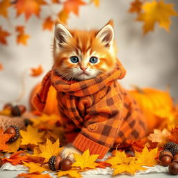 An adorable orange kitten named Pumpkin with bright copper fur, wearing cozy orange and brown plaid flannel pajamas adorned with smiling pumpkins and falling leaves