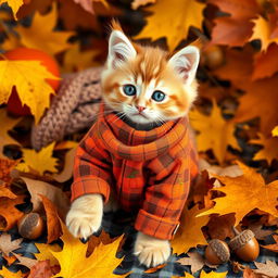 An adorable orange kitten named Pumpkin with bright copper fur, wearing cozy orange and brown plaid flannel pajamas adorned with smiling pumpkins and falling leaves