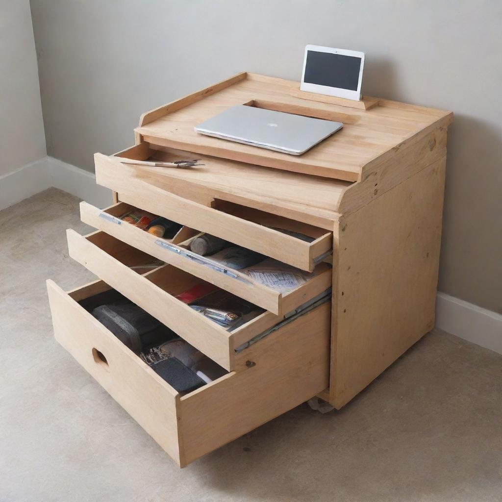 A compact, portable case that unfolds into a multifunctional workspace designed for creative tasks and repairs. This space-saving, practical piece of furniture consolidates all crafting tools in one flexible area imaginable in any room.