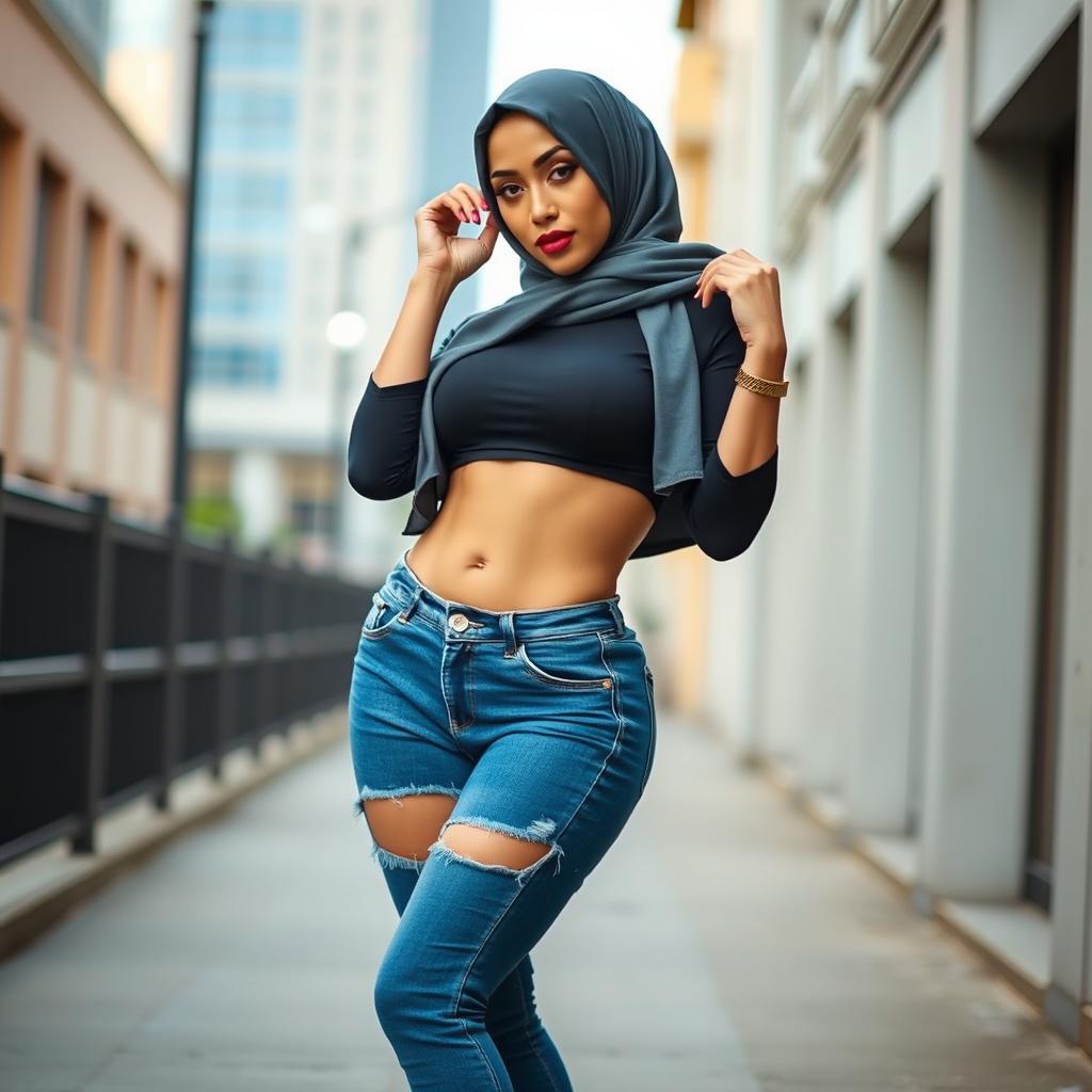 A sexy Asian woman with an alluring face, wearing stylish blue jeans with a ripped crotch area, high heels, and a modern hijab