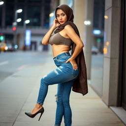 A sexy Asian woman with an alluring face, wearing stylish blue jeans with a ripped crotch area, high heels, and a modern hijab