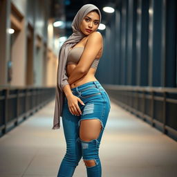 A sexy Asian woman with an alluring face, wearing stylish blue jeans with a ripped crotch area, high heels, and a modern hijab