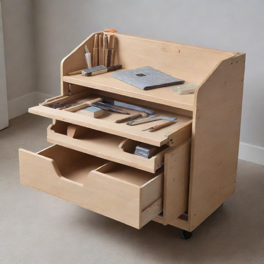 A compact, portable case that unfolds into a multifunctional workspace designed for creative tasks and repairs. This space-saving, practical piece of furniture consolidates all crafting tools in one flexible area imaginable in any room.