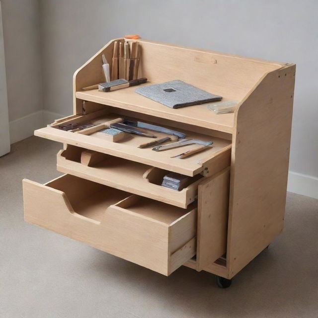 A compact, portable case that unfolds into a multifunctional workspace designed for creative tasks and repairs. This space-saving, practical piece of furniture consolidates all crafting tools in one flexible area imaginable in any room.