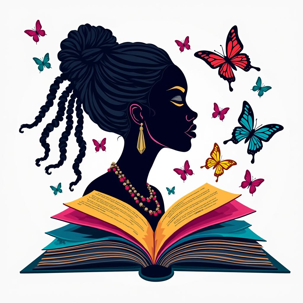 A vibrant logo for a book featuring a silhouette of a woman with dreadlocks, surrounded by colorful butterflies