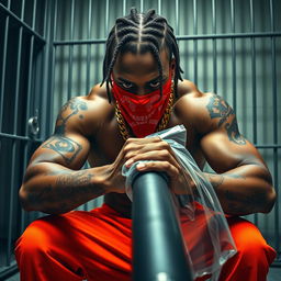 A close-up of a muscular African American gang member in a prison cell