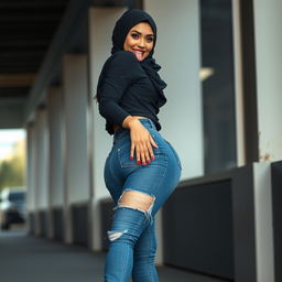 A sexy Asian woman with an alluring face, wearing stylish blue jeans with a tastefully ripped crotch area, high heels, and a modern hijab