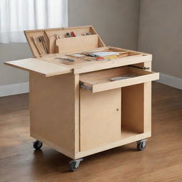 A compact, portable case that unfolds into a multifunctional workspace designed for creative tasks and repairs. This space-saving, practical piece of furniture consolidates all crafting tools in one flexible area imaginable in any room.