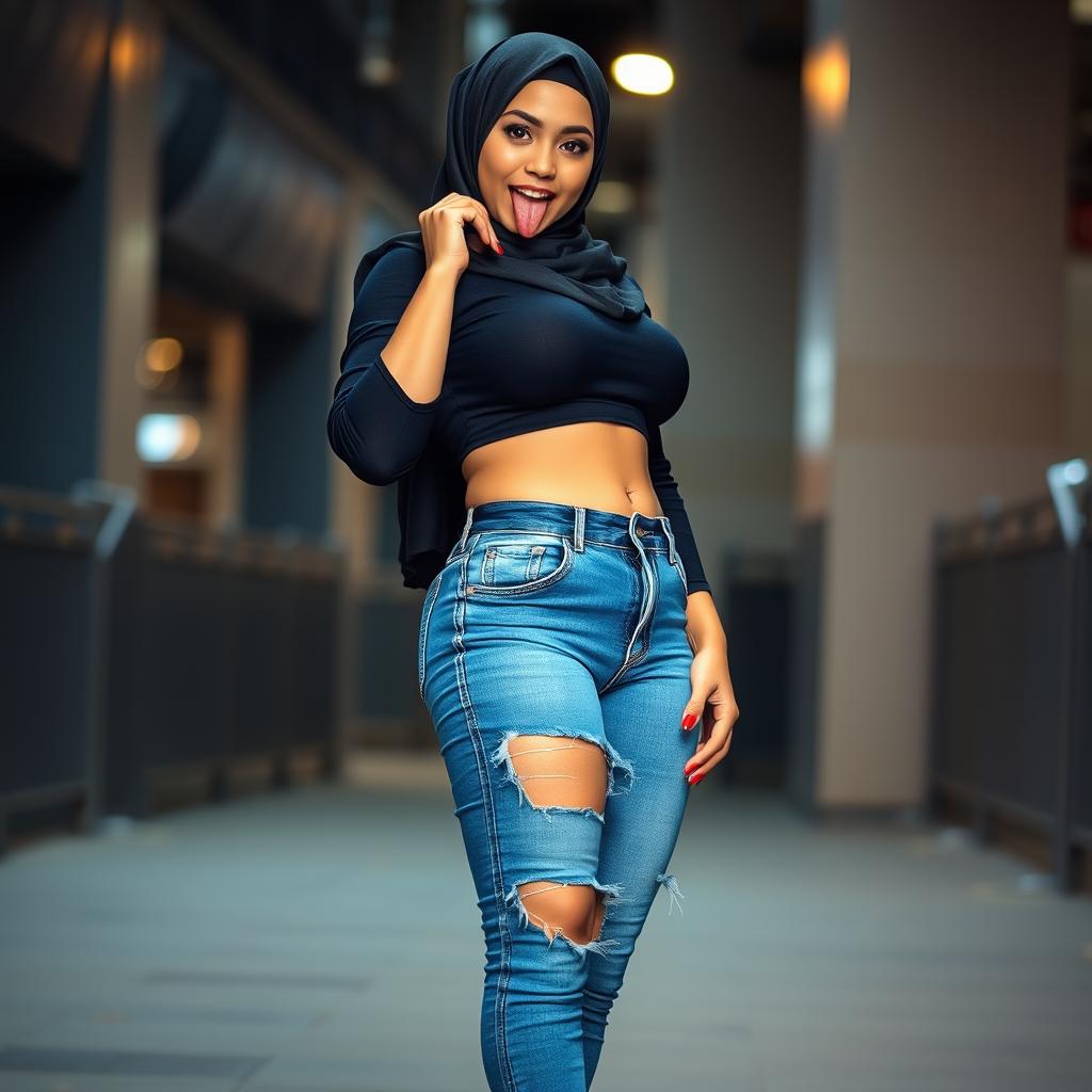 A sexy Asian woman with an alluring face, wearing stylish blue jeans with a tastefully ripped crotch area, high heels, and a modern hijab