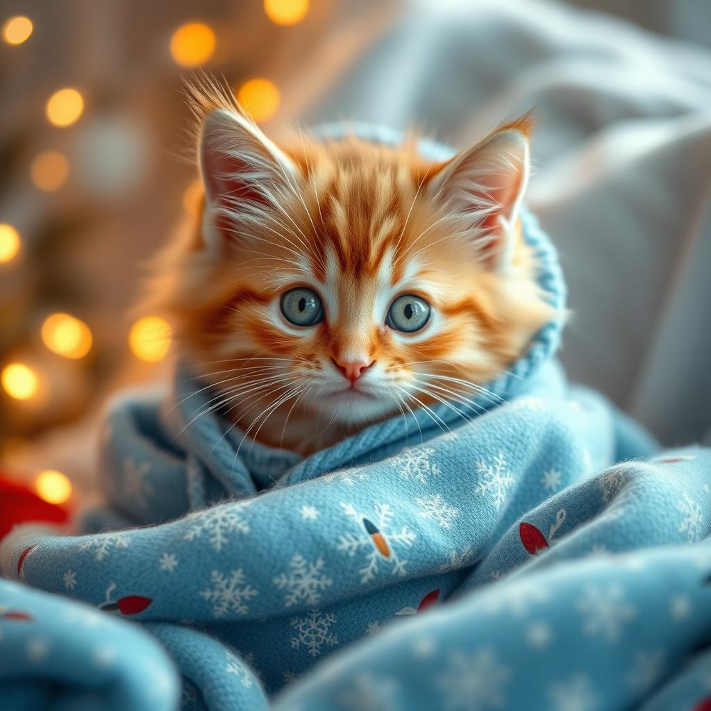 A fluffy orange tabby kitten with vivid, sparkling green eyes, snugly nestled in the softest, coziest blue winter-themed pajamas adorned with twinkling holiday lights and tiny snowflakes