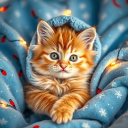 A fluffy orange tabby kitten with vivid, sparkling green eyes, snugly nestled in the softest, coziest blue winter-themed pajamas adorned with twinkling holiday lights and tiny snowflakes