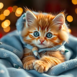 A fluffy orange tabby kitten with vivid, sparkling green eyes, snugly nestled in the softest, coziest blue winter-themed pajamas adorned with twinkling holiday lights and tiny snowflakes