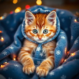 A fluffy orange tabby kitten with vivid, sparkling green eyes, snugly nestled in the softest, coziest blue winter-themed pajamas adorned with twinkling holiday lights and tiny snowflakes