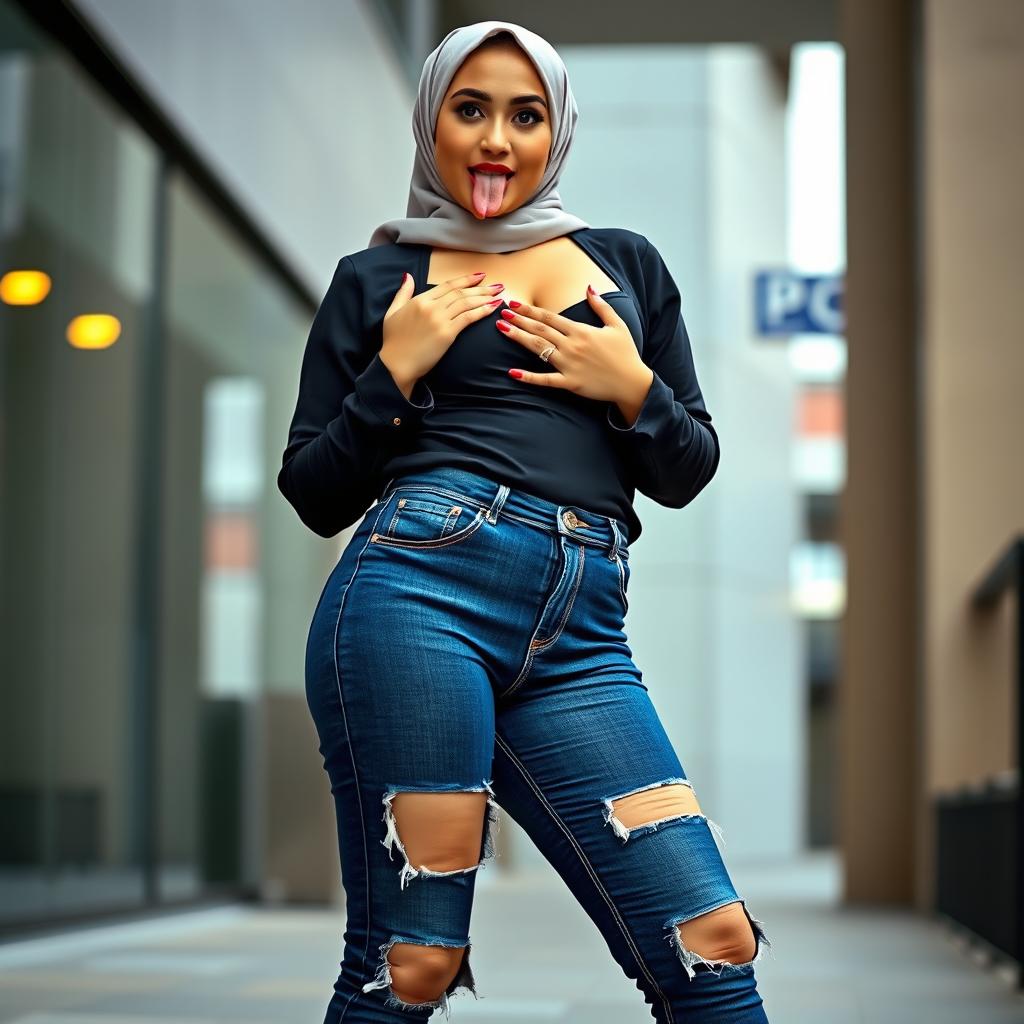 A sexy Asian woman with an alluring face, wearing form-fitting jeans with a tastefully ripped crotch area, stylish high heels, and a modern hijab that allows a little hair to be visible