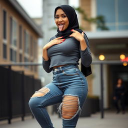 A sexy Asian woman with an alluring face, wearing form-fitting jeans with a tastefully ripped crotch area, stylish high heels, and a modern hijab that allows a little hair to be visible