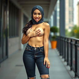 A sexy Asian woman with an alluring face, wearing form-fitting jeans with a tastefully ripped crotch area, stylish high heels, and a modern hijab that allows a little hair to be visible