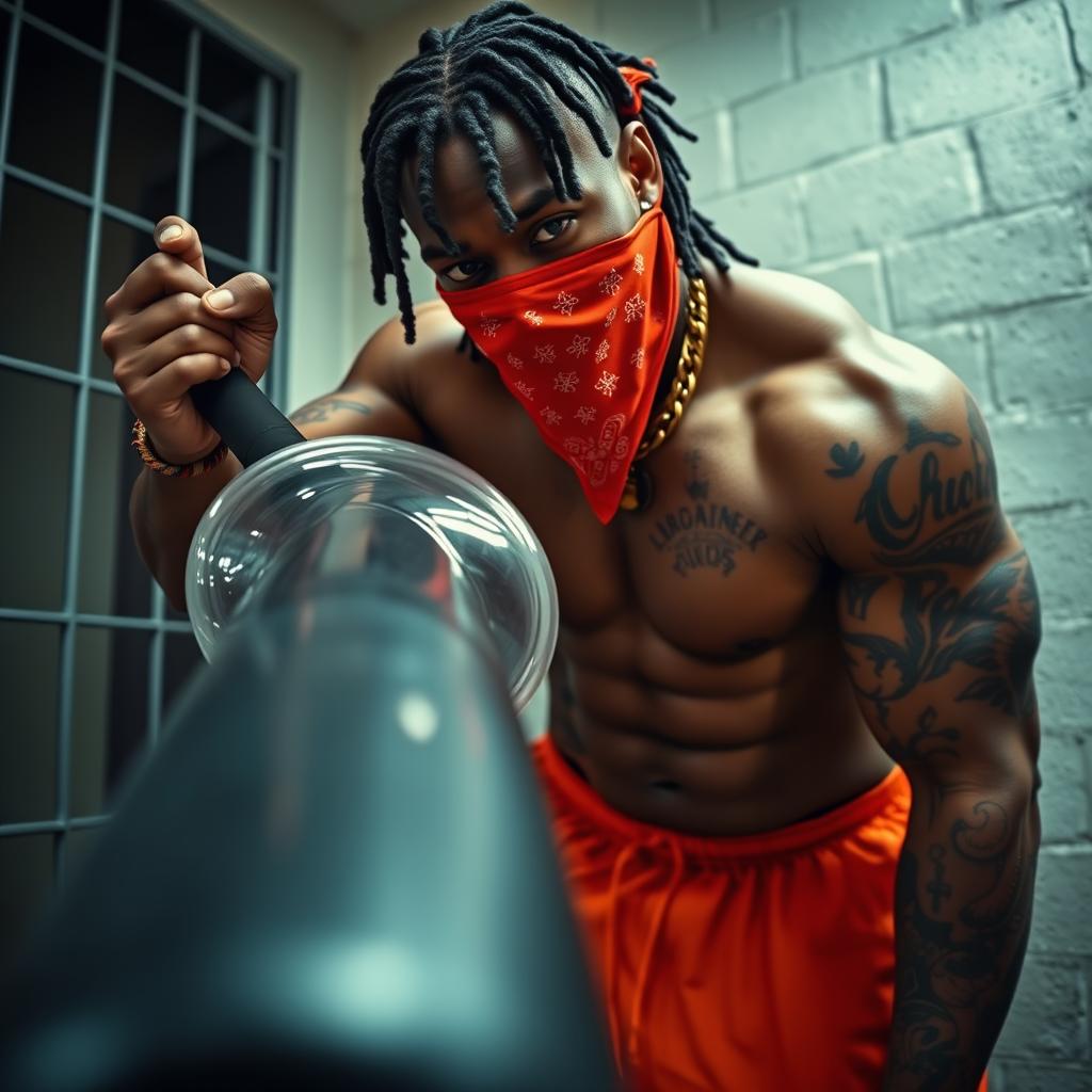 A close-up of a muscular African American gang member in a prison cell, exuding a powerful presence