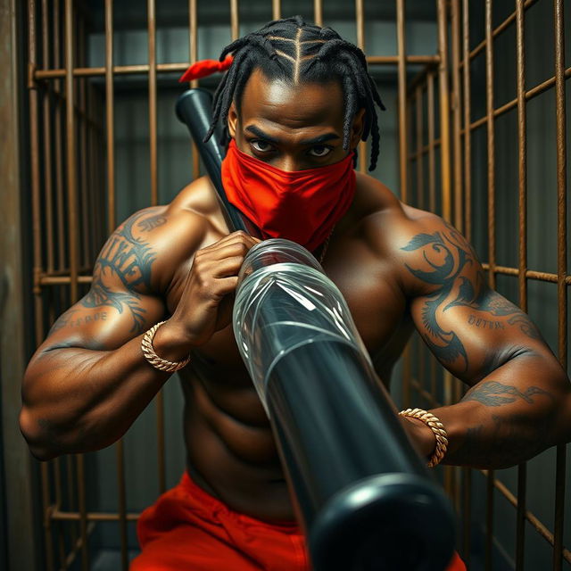 A close-up of a muscular African American gang member in a prison cell, exuding a powerful presence