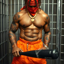 A close-up of a muscular African American gang member in a prison cell, exuding a powerful presence