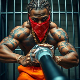 A close-up of a muscular African American gang member in a prison cell, exuding a powerful presence