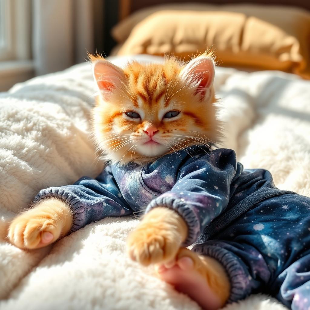 A fluffy orange kitten wearing mesmerizing galaxy-patterned pajamas, sprawled comfortably on a plush, sunlit bed