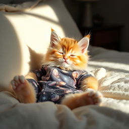 A fluffy orange kitten wearing mesmerizing galaxy-patterned pajamas, sprawled comfortably on a plush, sunlit bed