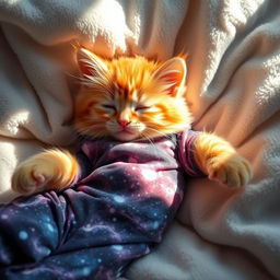 A fluffy orange kitten wearing mesmerizing galaxy-patterned pajamas, sprawled comfortably on a plush, sunlit bed