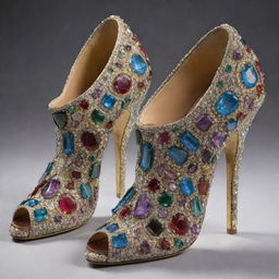 An exceptionally grand, unmatched pair of shoes crafted from rare metals and adorned with rare gemstones, with a price tag displaying their extraordinary worth: one hundred million dollars