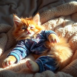 A fluffy orange kitten wearing mesmerizing galaxy-patterned pajamas, sprawled comfortably on a plush, sunlit bed