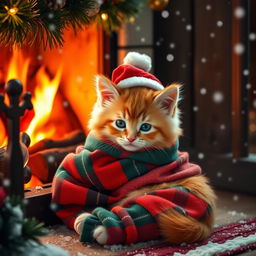 A fluffy orange kitten wrapped in festive red and green plaid pajamas, curled up next to a crackling fireplace adorned with twinkling holiday lights