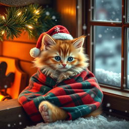 A fluffy orange kitten wrapped in festive red and green plaid pajamas, curled up next to a crackling fireplace adorned with twinkling holiday lights