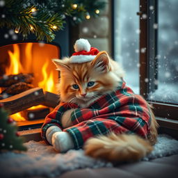 A fluffy orange kitten wrapped in festive red and green plaid pajamas, curled up next to a crackling fireplace adorned with twinkling holiday lights