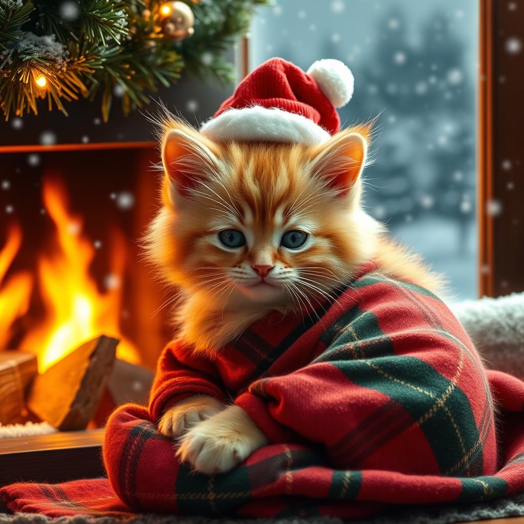 A fluffy orange kitten wrapped in festive red and green plaid pajamas, curled up next to a crackling fireplace adorned with twinkling holiday lights