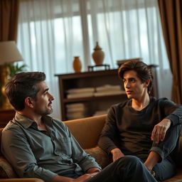 A 28-year-old woman, elegantly dressed, is engaged in a conversation with a man who is sitting in a relaxed position