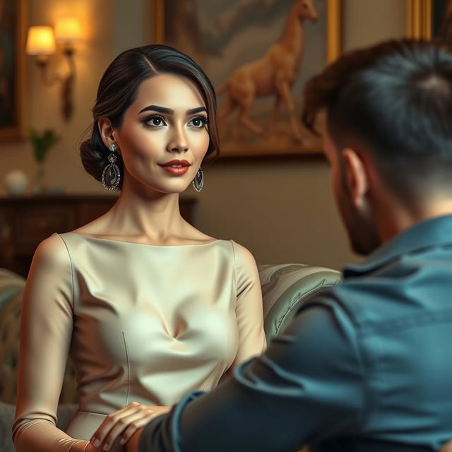 A 28-year-old woman, elegantly dressed, is engaged in a conversation with a man who is sitting in a relaxed position