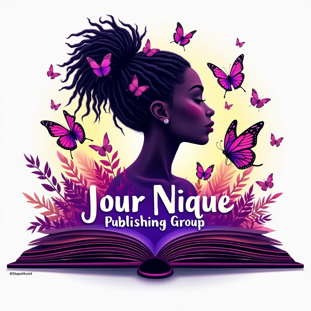 A vibrant logo for a book featuring a silhouette of a woman with dreadlocks, surrounded by colorful butterflies, with a dominant purple theme