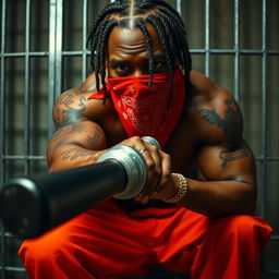 A close-up of a muscular African American gang member in a prison cell, conveying an intense and gritty vibe