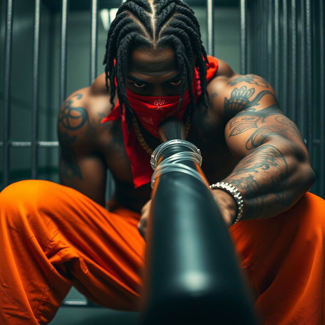 A close-up of a muscular African American gang member in a prison cell, conveying an intense and gritty vibe