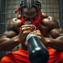 A close-up of a muscular African American gang member in a prison cell, conveying an intense and gritty vibe