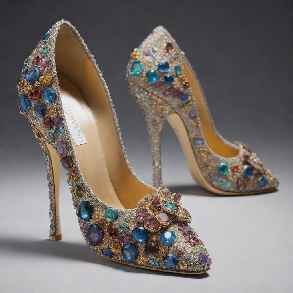 An exceptionally grand, unmatched pair of shoes crafted from rare metals and adorned with rare gemstones, with a price tag displaying their extraordinary worth: one hundred million dollars